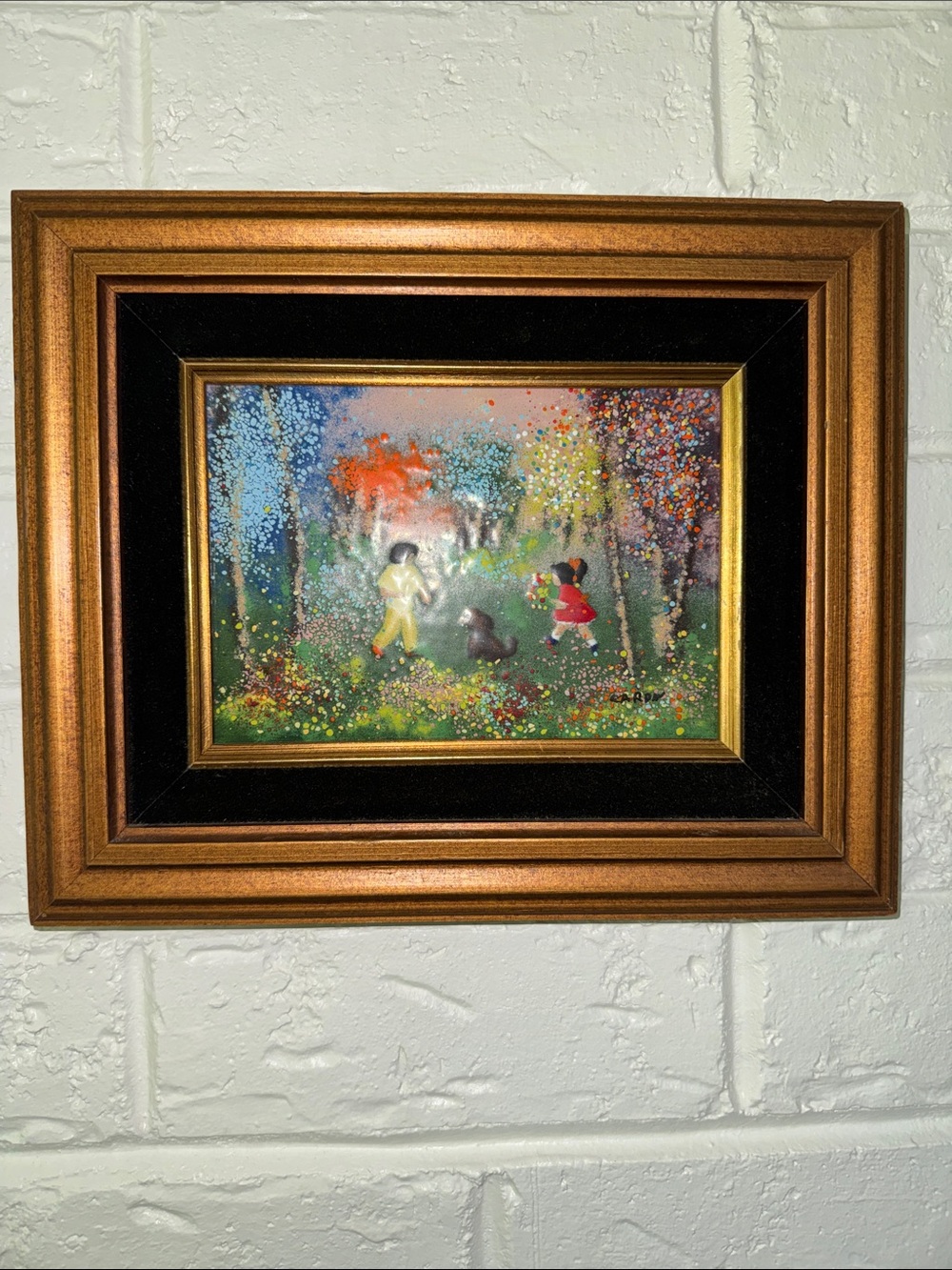 Louis Cardin Children and Dog Enamel on Copper Framed Signed 7” by 5”